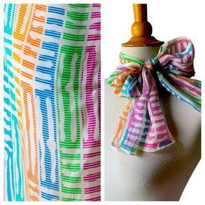 Vintage 1970s Rectangular Bright Colorful Abstract Silk Scarf Hand Rolled Hem